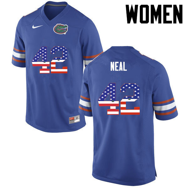 Women Florida Gators #42 Keanu Neal College Football USA Flag Fashion Jerseys-Blue - Click Image to Close